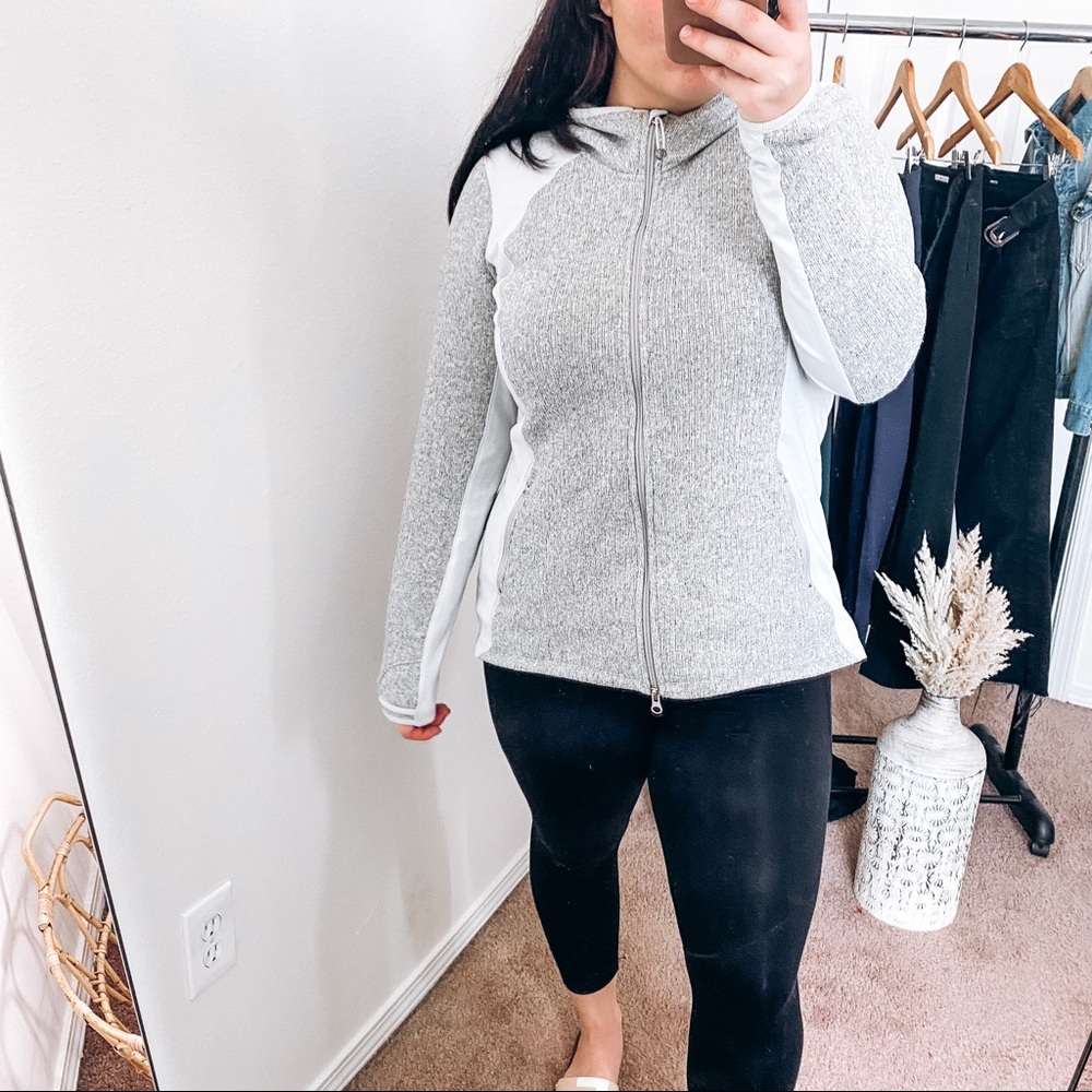 Athleta Zip Up Athleisure Hooded Jacket in Gray and Light Blue XL